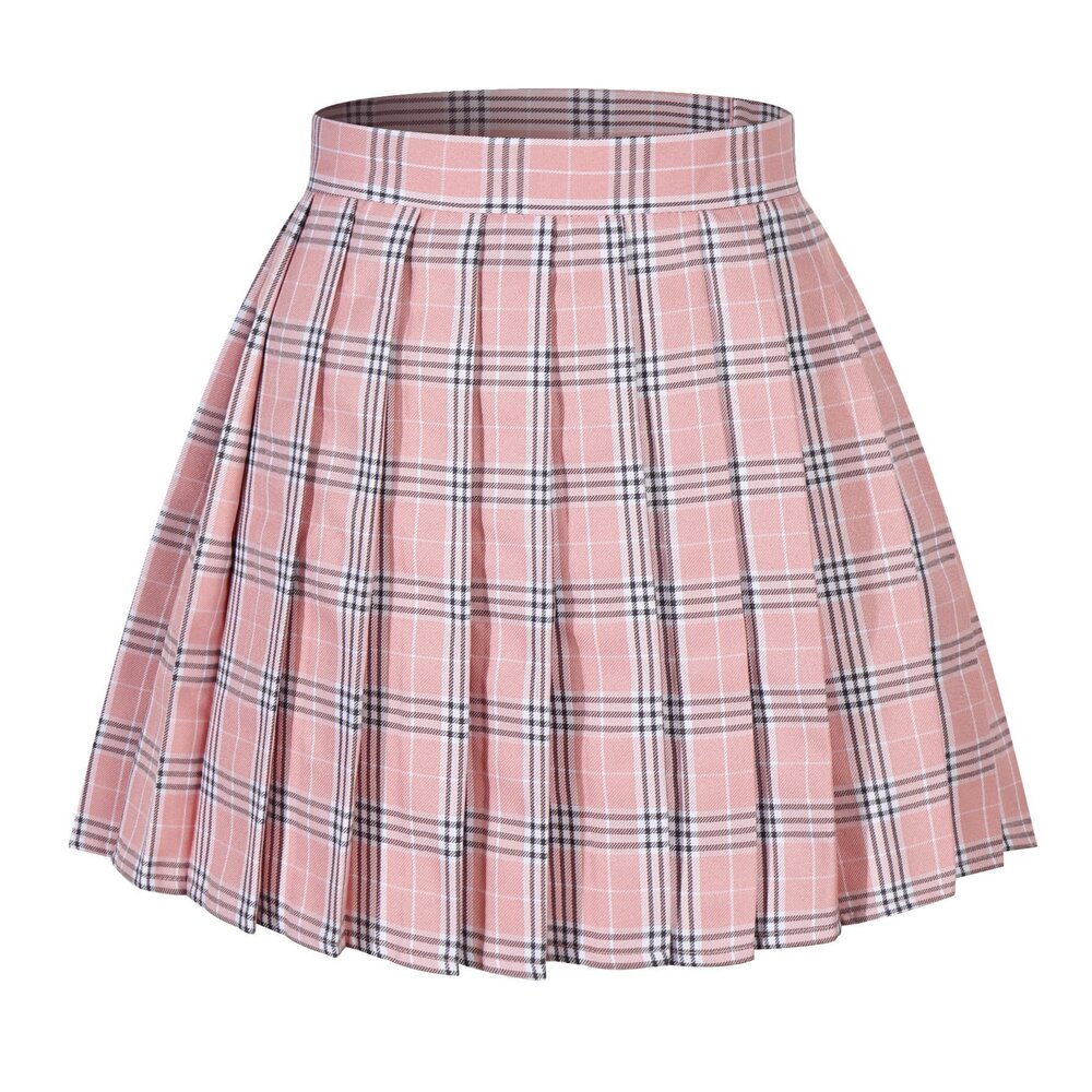 8307 A-line Kilt Plaid High Waist School Uniform Costumes Pink Mixed White